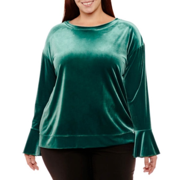 Worthington Tops - Worthington Long Bell Sleeve Velvet Sweatshirt